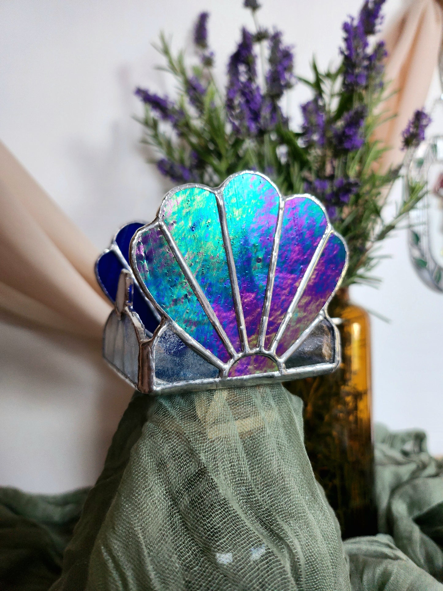 Photophore Coquillage Irisé en vitrail tiffany- bougeoir pour bougie chauffe plat