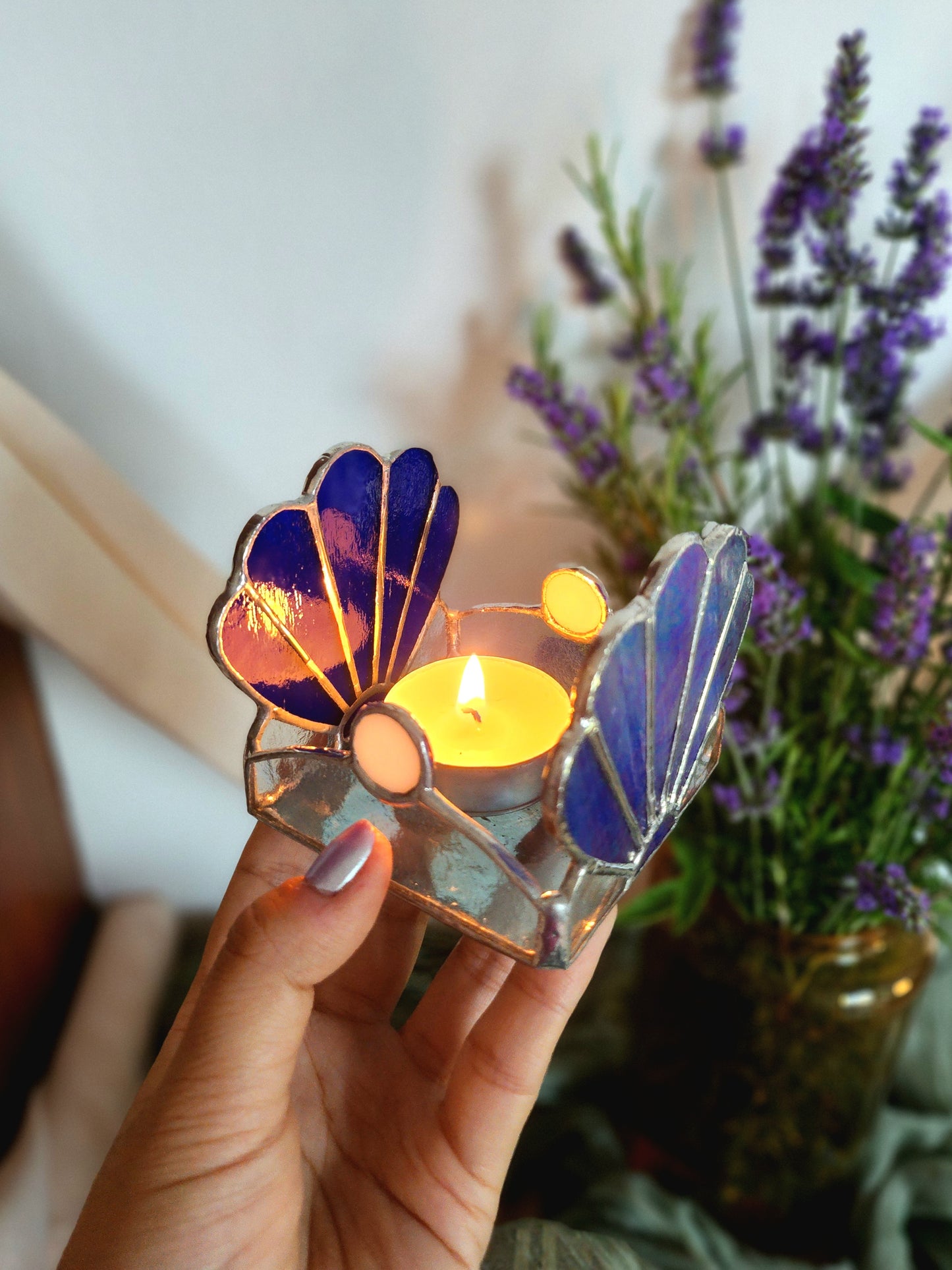 Photophore Coquillage Irisé en vitrail tiffany- bougeoir pour bougie chauffe plat