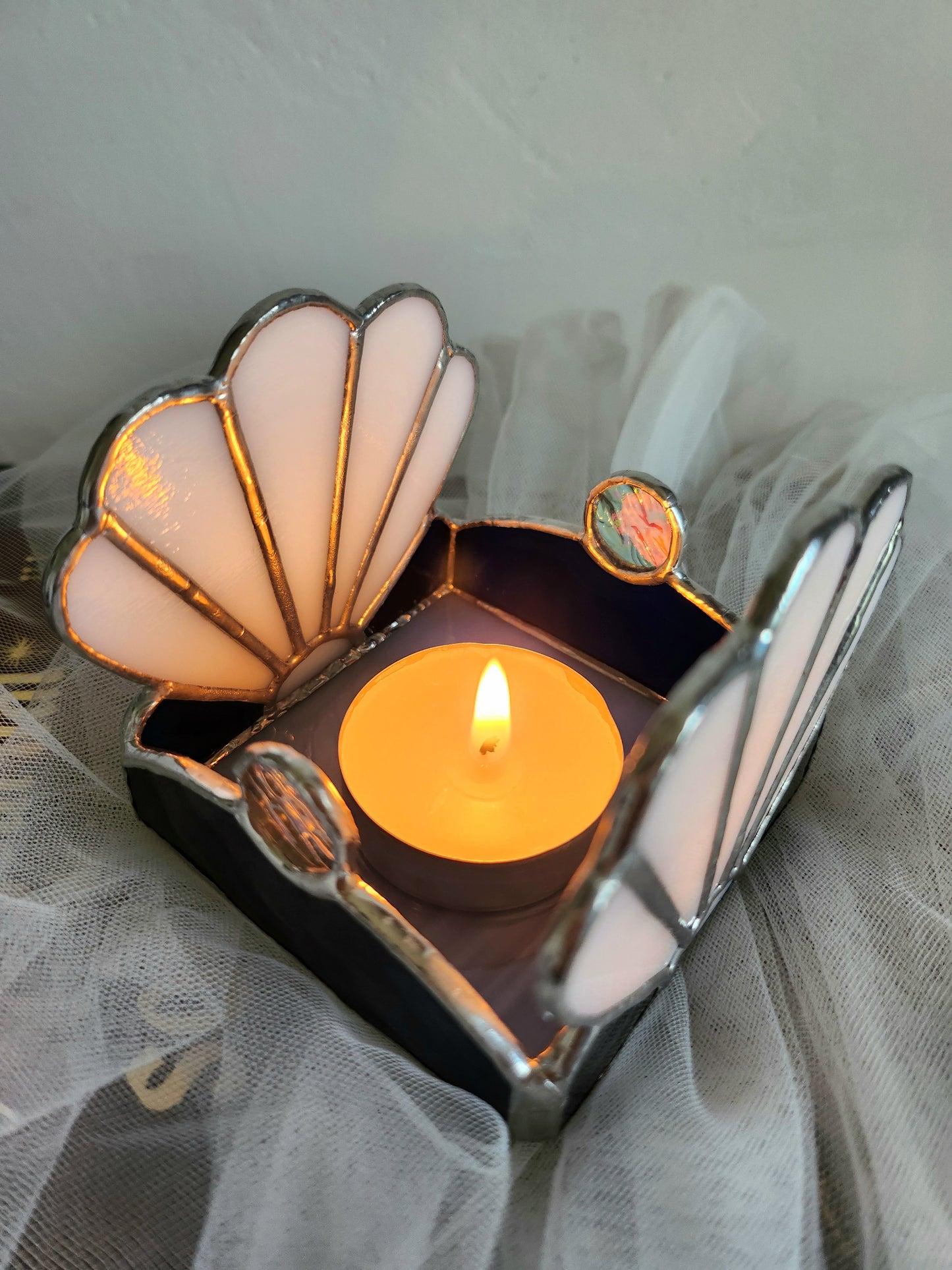 Photophore Coquillage Irisé en vitrail tiffany- bougeoir pour bougie chauffe plat