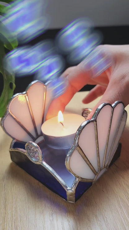 Photophore Coquillage Irisé en vitrail tiffany- bougeoir pour bougie chauffe plat